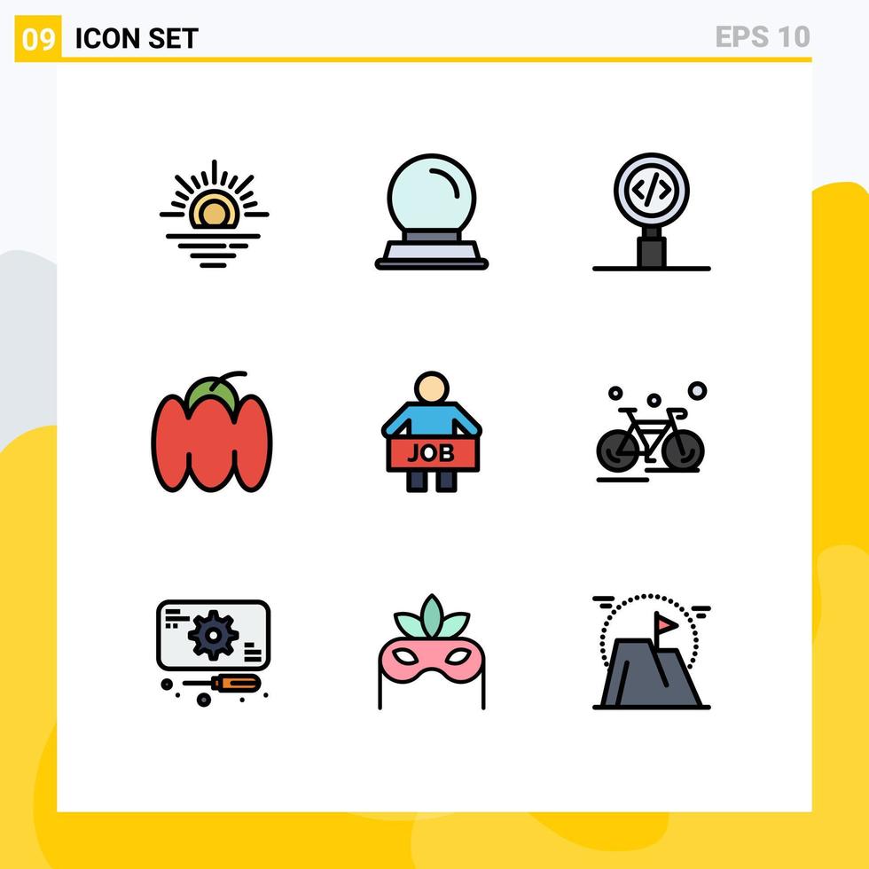 grupo de 9 signos y símbolos de colores planos de línea rellena para el desarrollo de desempleados de oficina elementos de diseño de vectores editables de alimentos vegetales