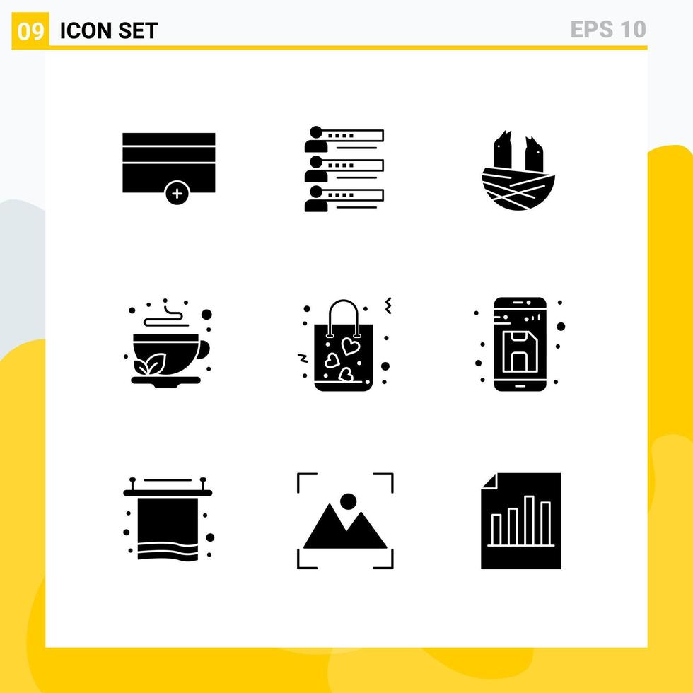 9 Thematic Vector Solid Glyphs and Editable Symbols of drink cup settings spring bird Editable Vector Design Elements