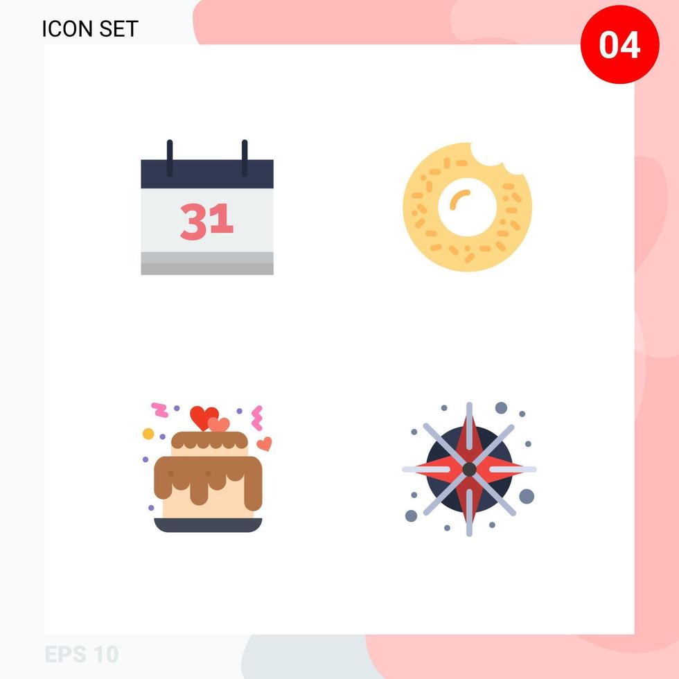 conjunto moderno de 4 iconos planos pictograma de calendario boda donut corazones gps elementos de diseño vectorial editables vector