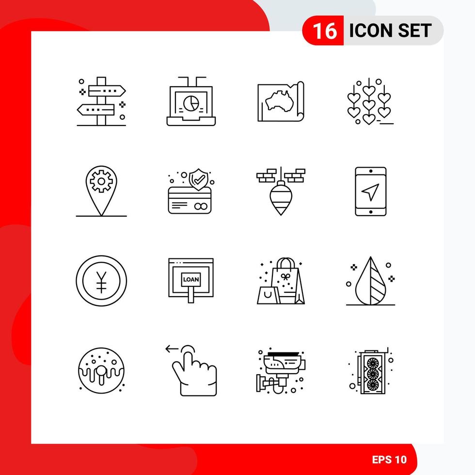 Modern Set of 16 Outlines Pictograph of love travel report map country Editable Vector Design Elements