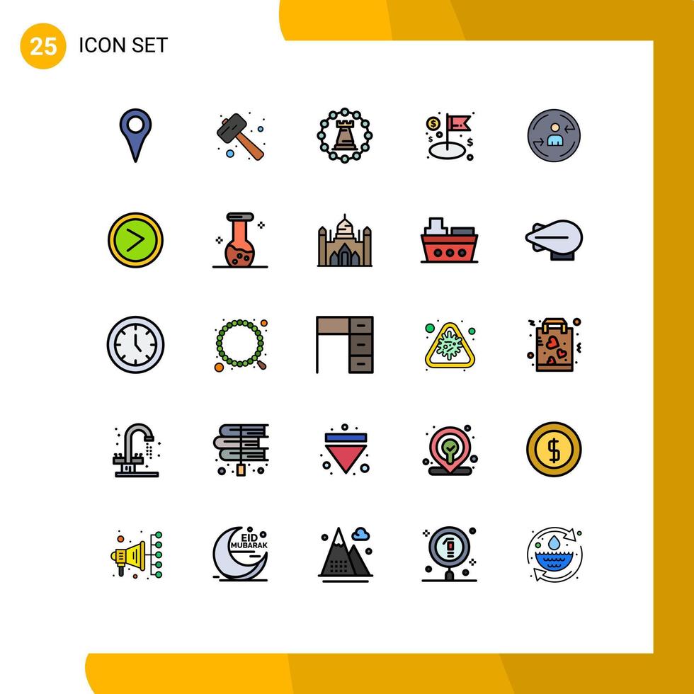 Pack of 25 Modern Filled line Flat Colors Signs and Symbols for Web Print Media such as management flag watch kit dollar rook Editable Vector Design Elements