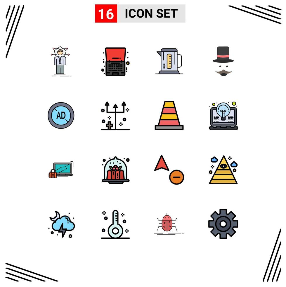 16 User Interface Flat Color Filled Line Pack of modern Signs and Symbols of hat hipster notebook moustache machine Editable Creative Vector Design Elements