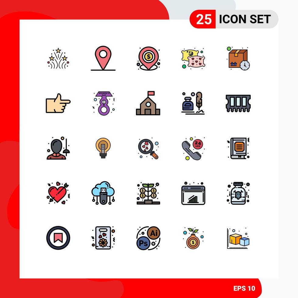25 User Interface Filled line Flat Color Pack of modern Signs and Symbols of package delivery loan box relax Editable Vector Design Elements