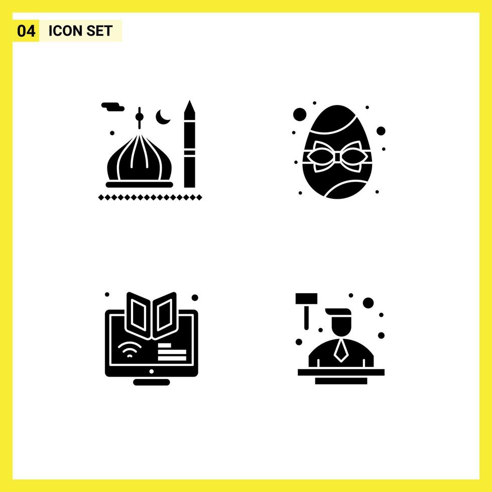 Group of 4 Solid Glyphs Signs and Symbols for mosque elearning muslim easter learning Editable Vector Design Elements