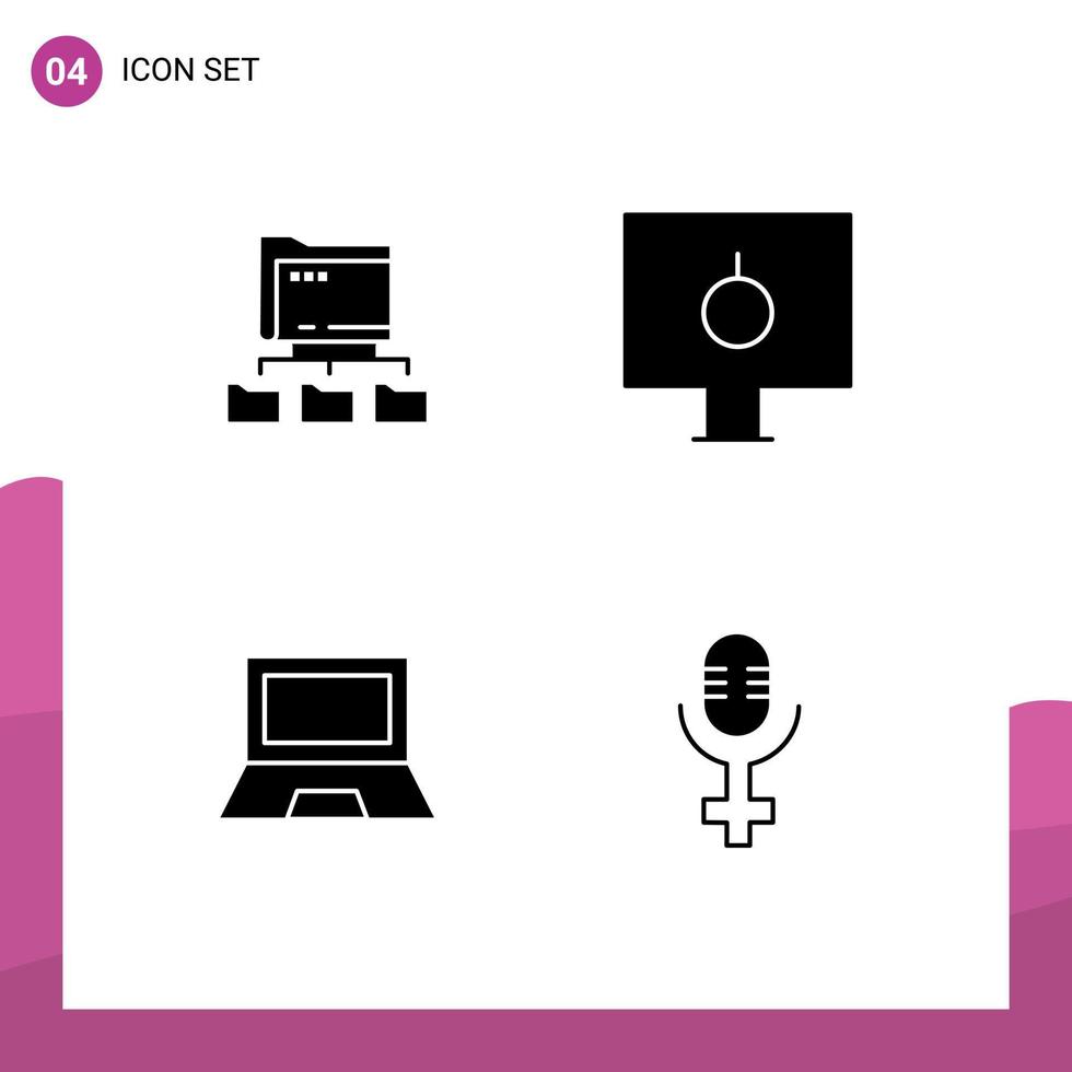 Solid Glyph Pack of 4 Universal Symbols of folder computers computing password gadget Editable Vector Design Elements