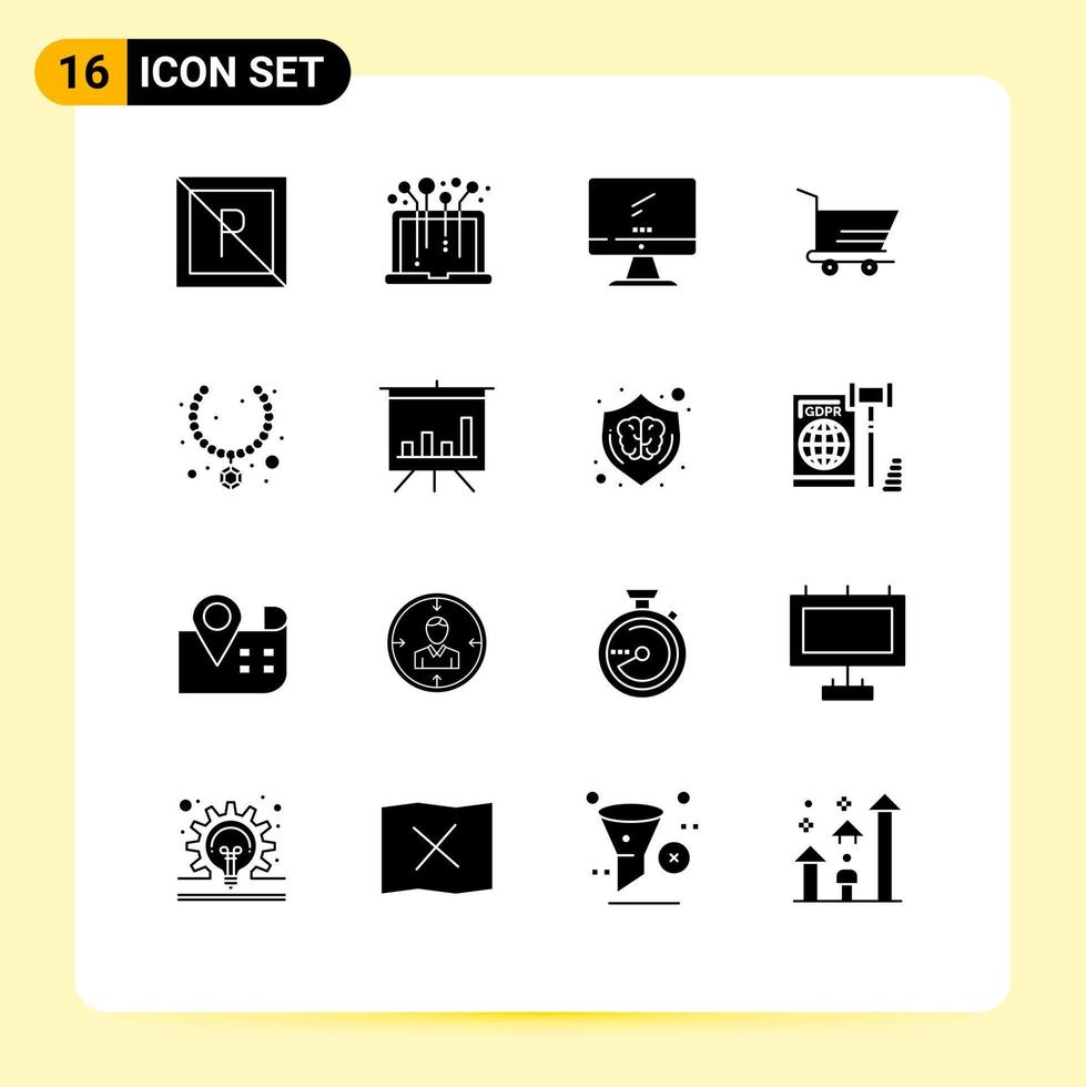 Mobile Interface Solid Glyph Set of 16 Pictograms of necklace trolley computer order pc Editable Vector Design Elements