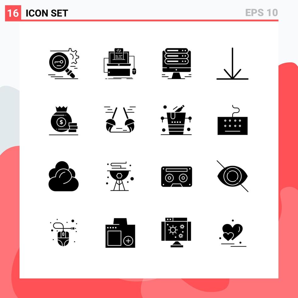 16 Solid Glyph concept for Websites Mobile and Apps bag down monoblock arrow hosting Editable Vector Design Elements