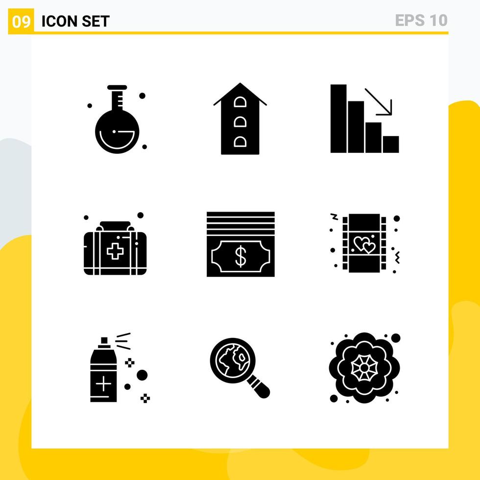 Collection of 9 Universal Solid Icons Icon Set for Web and Mobile Creative Black Icon vector background