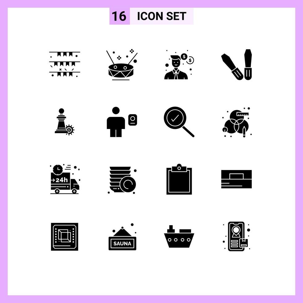 Group of 16 Solid Glyphs Signs and Symbols for strategy chess party tools money Editable Vector Design Elements