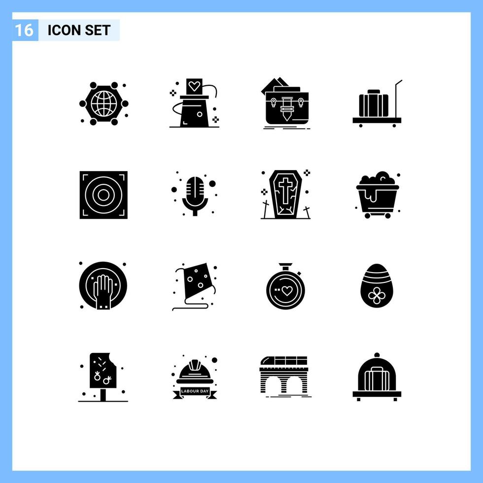 Pictogram Set of 16 Simple Solid Glyphs of scale baggage magician briefcase file Editable Vector Design Elements