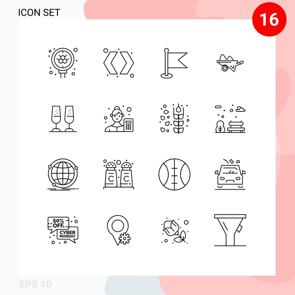 Modern Set of 16 Outlines and symbols such as tools garden flag farm wheelbarrow Editable Vector Design Elements