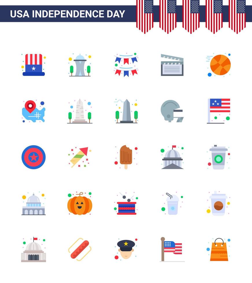 Happy Independence Day 4th July Set of 25 Flats American Pictograph of basketball video american movis garland Editable USA Day Vector Design Elements