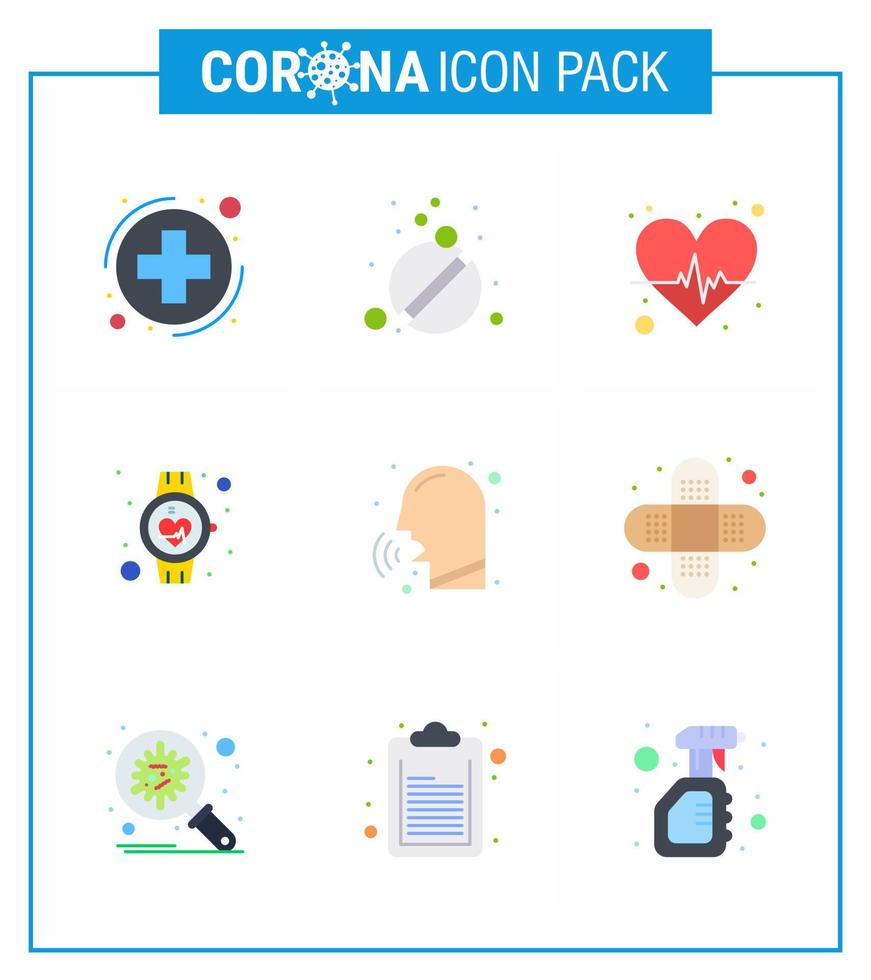Coronavirus Prevention Set Icons 9 Flat Color icon such as  diseases pulse beat medical beat viral coronavirus 2019nov disease Vector Design Elements