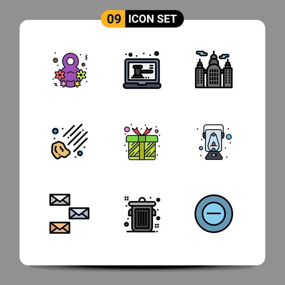Universal Icon Symbols Group of 9 Modern Filledline Flat Colors of box present building gift meteorite Editable Vector Design Elements