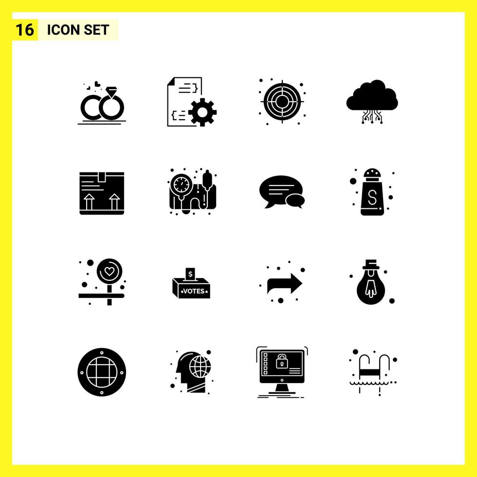 Pack of 16 Modern Solid Glyphs Signs and Symbols for Web Print Media such as box network seo hosting computing Editable Vector Design Elements