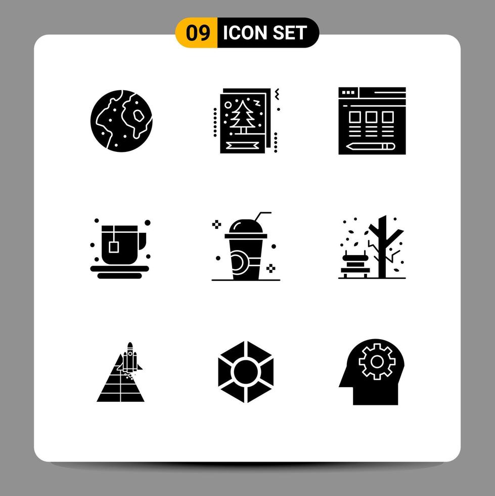 Modern Set of 9 Solid Glyphs Pictograph of ice drink xmas tea cup Editable Vector Design Elements