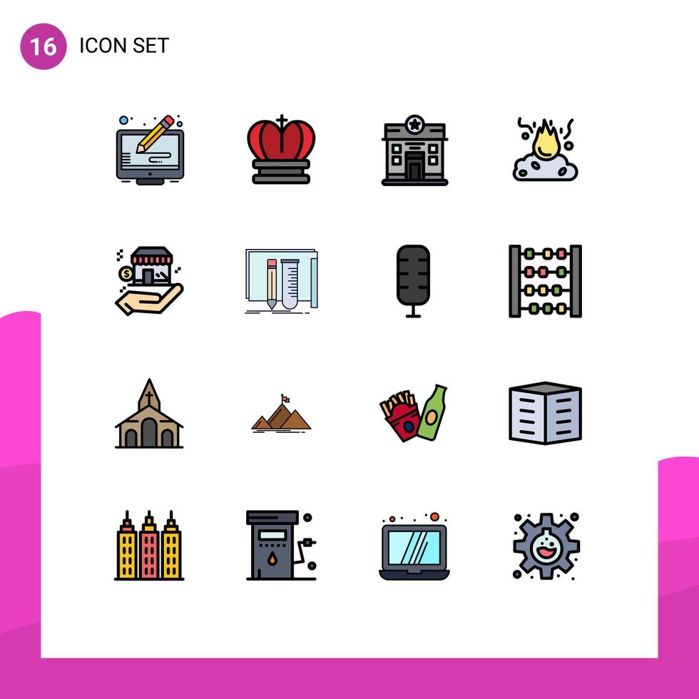 Universal Icon Symbols Group of 16 Modern Flat Color Filled Lines of business pollution city garbage burn Editable Creative Vector Design Elements