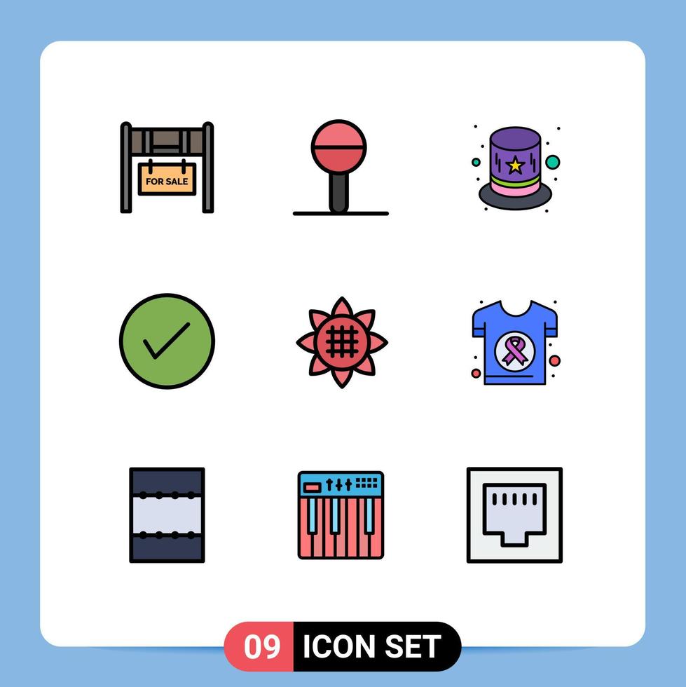 Group of 9 Filledline Flat Colors Signs and Symbols for flower tick carnival okay arrows Editable Vector Design Elements