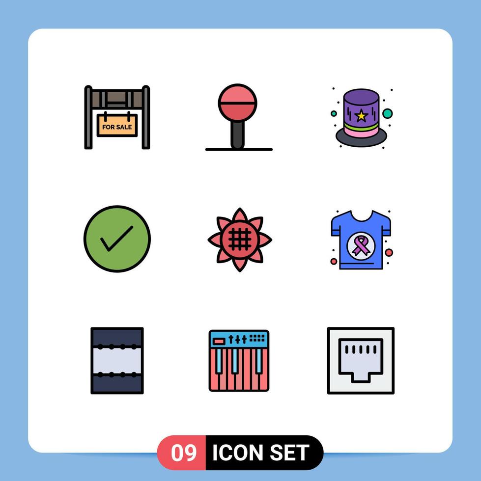 grupo de 9 signos y símbolos de colores planos de línea rellena para el carnaval de garrapatas de flores flechas aceptables elementos de diseño de vectores editables