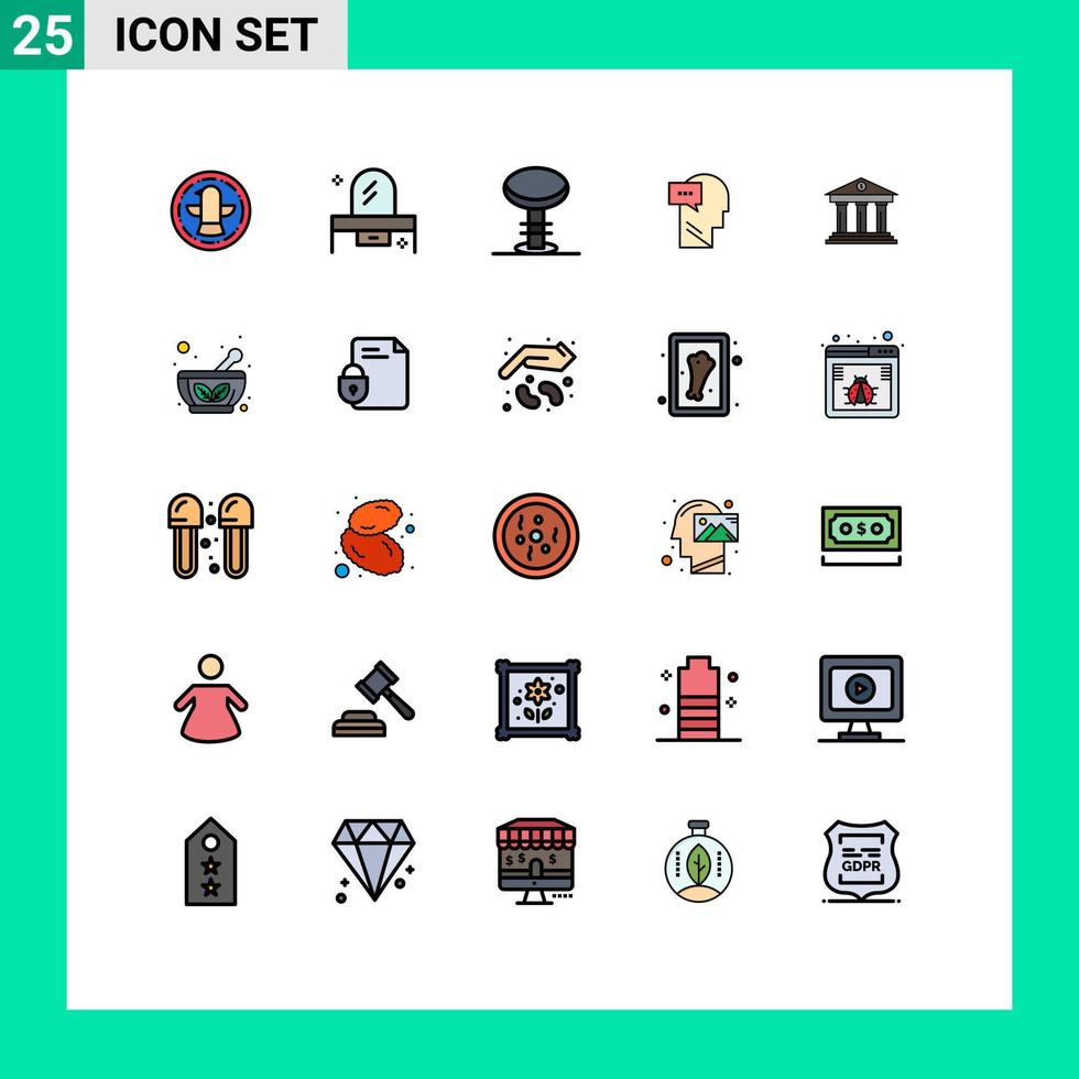 Modern Set of 25 Filled line Flat Colors Pictograph of bank inner mirror dialog stool Editable Vector Design Elements