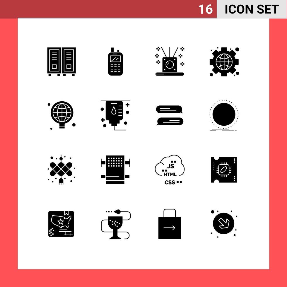 16 Universal Solid Glyphs Set for Web and Mobile Applications world globe incense web gear Editable Vector Design Elements