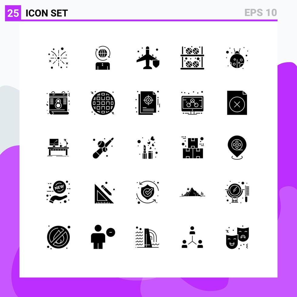 25 User Interface Solid Glyph Pack of modern Signs and Symbols of insect player fly building ball Editable Vector Design Elements