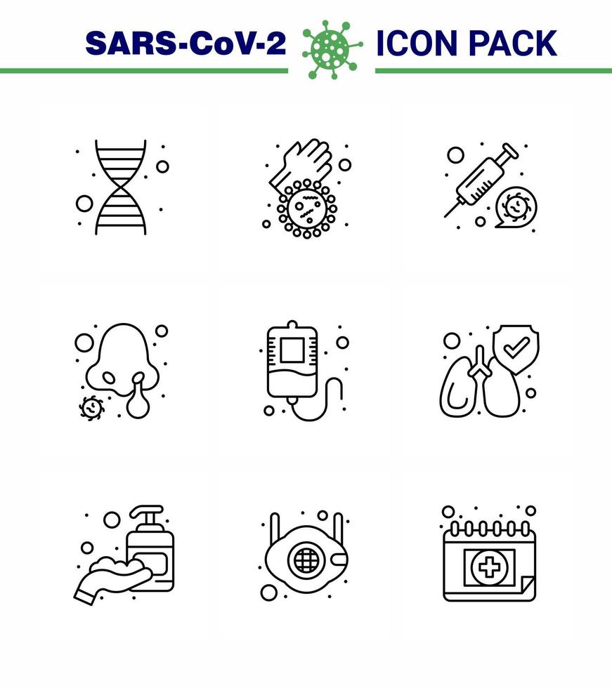 covid19 protección coronavirus pendamic conjunto de iconos de 9 líneas, como donación de sangre medicina nariz infección enfermedad viral coronavirus 2019nov enfermedad vector elementos de diseño