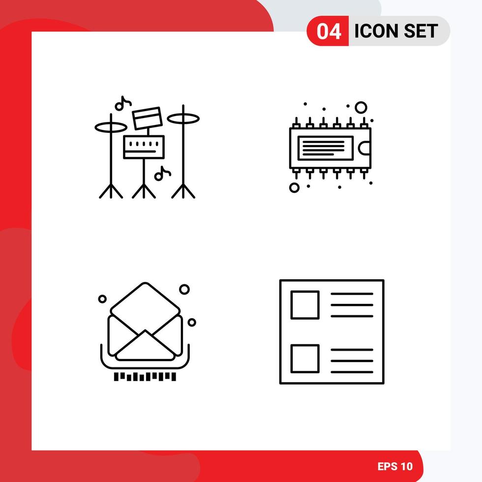 paquete de línea de vector editable de 4 colores planos de línea rellena simple de mensajes ic de componente de correo electrónico de tambor elementos de diseño de vector editable