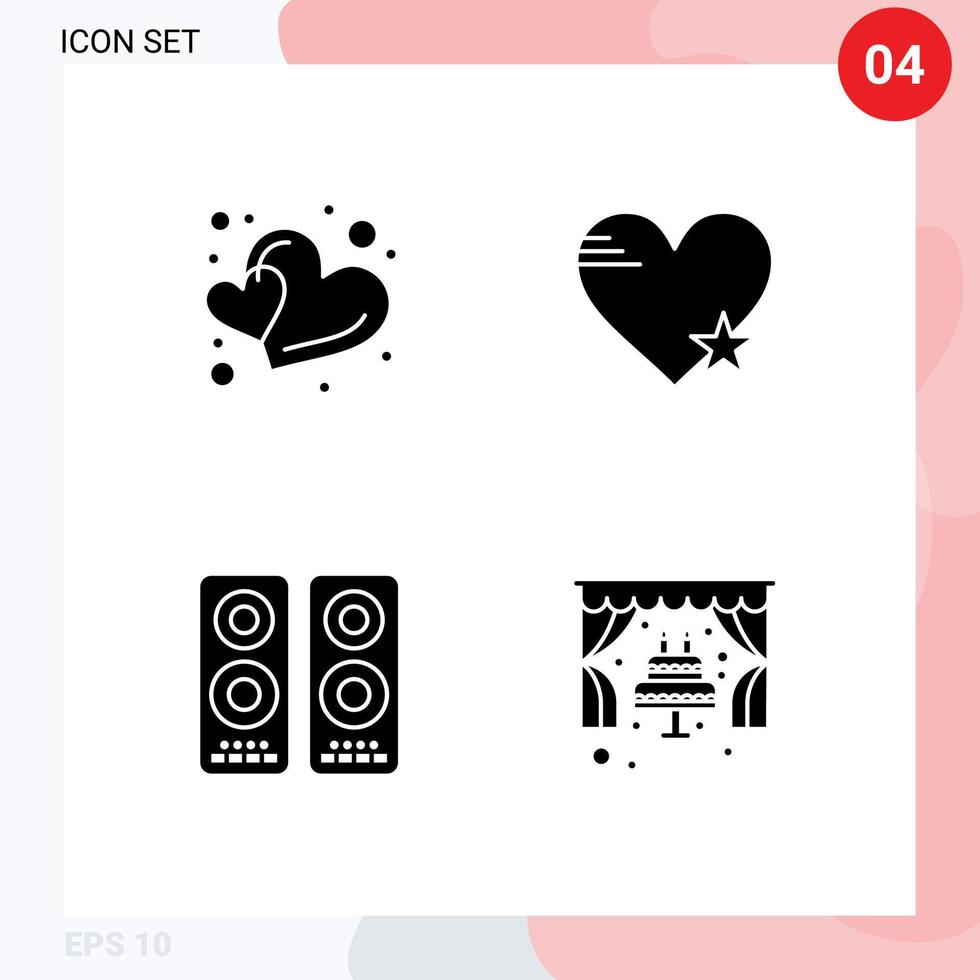 4 Thematic Vector Solid Glyphs and Editable Symbols of hearts cinema two love movie Editable Vector Design Elements