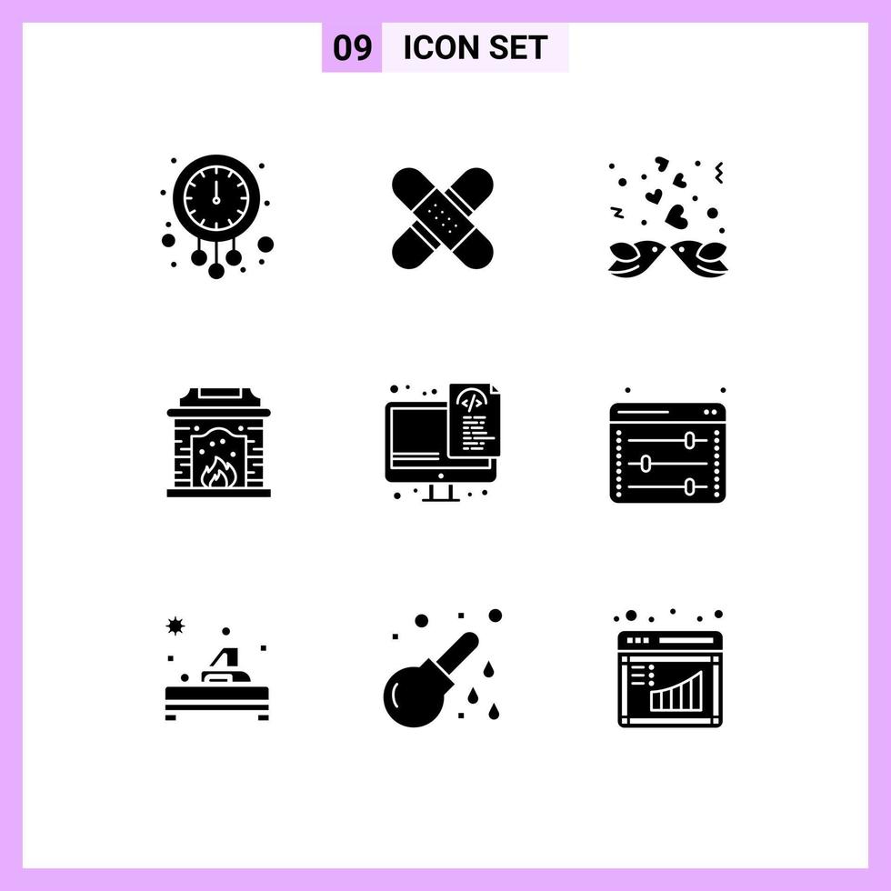 Pack of 9 creative Solid Glyphs of flame chimney kit love couple Editable Vector Design Elements