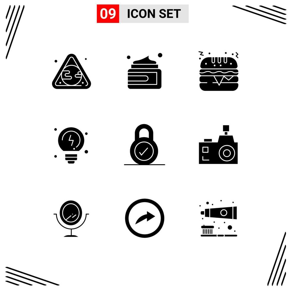 Pack of 9 creative Solid Glyphs of camera padlock fast food lock solutions Editable Vector Design Elements