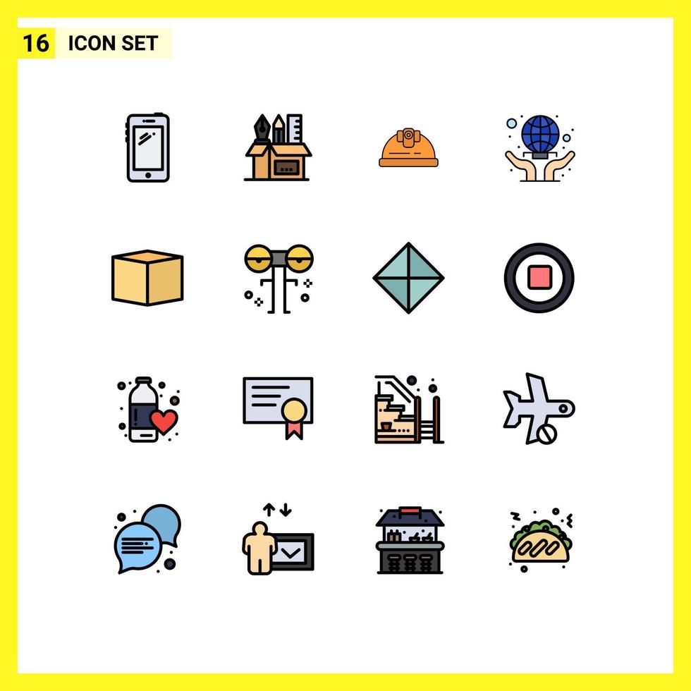 Pictogram Set of 16 Simple Flat Color Filled Lines of world wide globe scale care building Editable Creative Vector Design Elements
