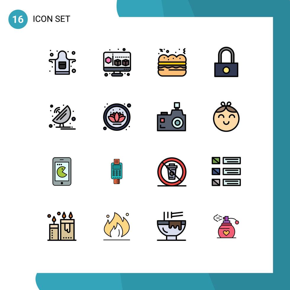Mobile Interface Flat Color Filled Line Set of 16 Pictograms of lotus satellite dish food satellite antenna Editable Creative Vector Design Elements