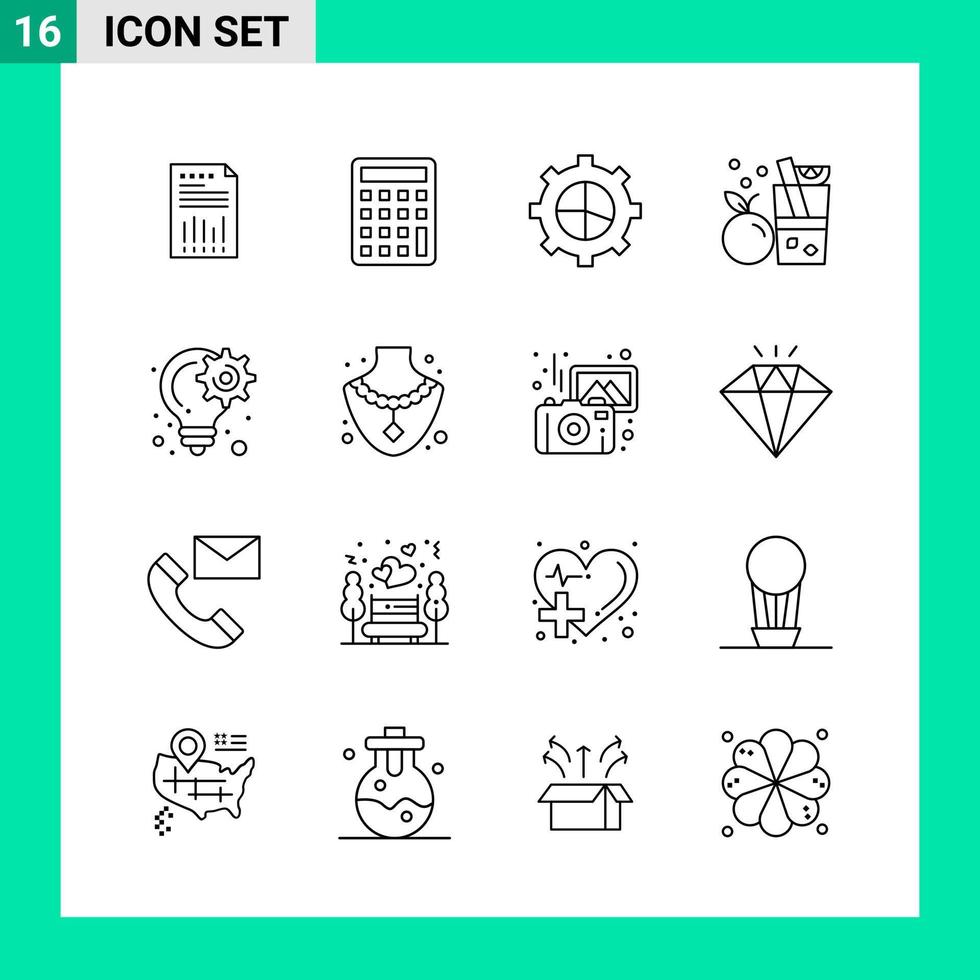 paquete de 16 iconos de estilo de línea establece símbolos de esquema para imprimir signos creativos aislados en fondo blanco 16 conjunto de iconos fondo de vector de icono negro creativo