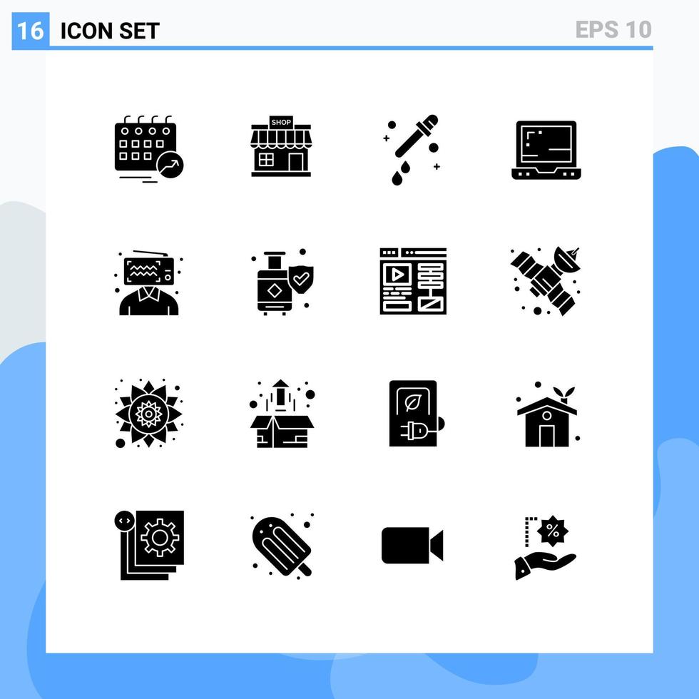 Set of 16 Vector Solid Glyphs on Grid for blogging computer store office science Editable Vector Design Elements