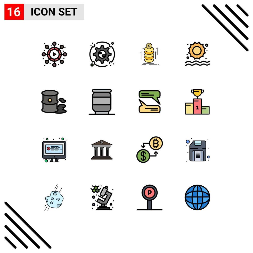 Pack of 16 Modern Flat Color Filled Lines Signs and Symbols for Web Print Media such as pollution environment bundle barrels sun Editable Creative Vector Design Elements