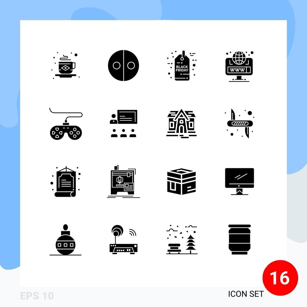 Group of 16 Modern Solid Glyphs Set for device web black friday site browser Editable Vector Design Elements