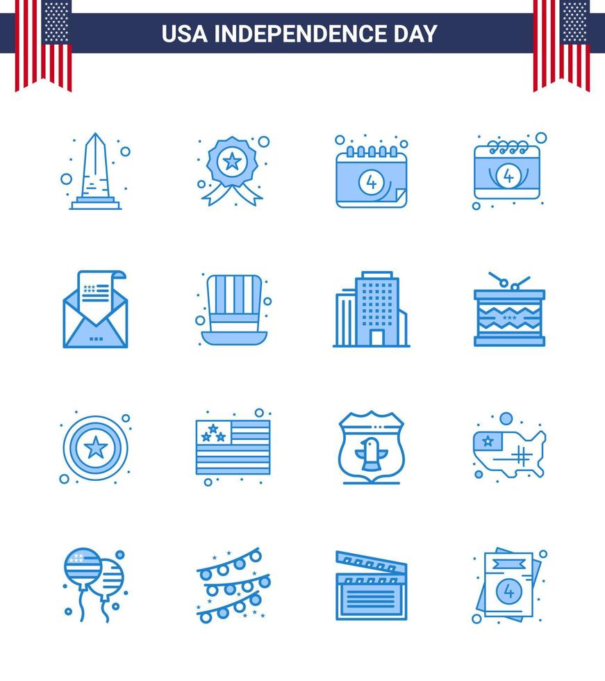 Set of 16 Vector Blues on 4th July USA Independence Day such as mail greeting police envelope day Editable USA Day Vector Design Elements