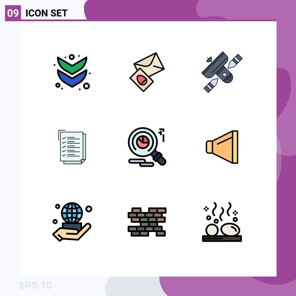 Universal Icon Symbols Group of 9 Modern Filledline Flat Colors of faind notepad broadcasting work task check list Editable Vector Design Elements