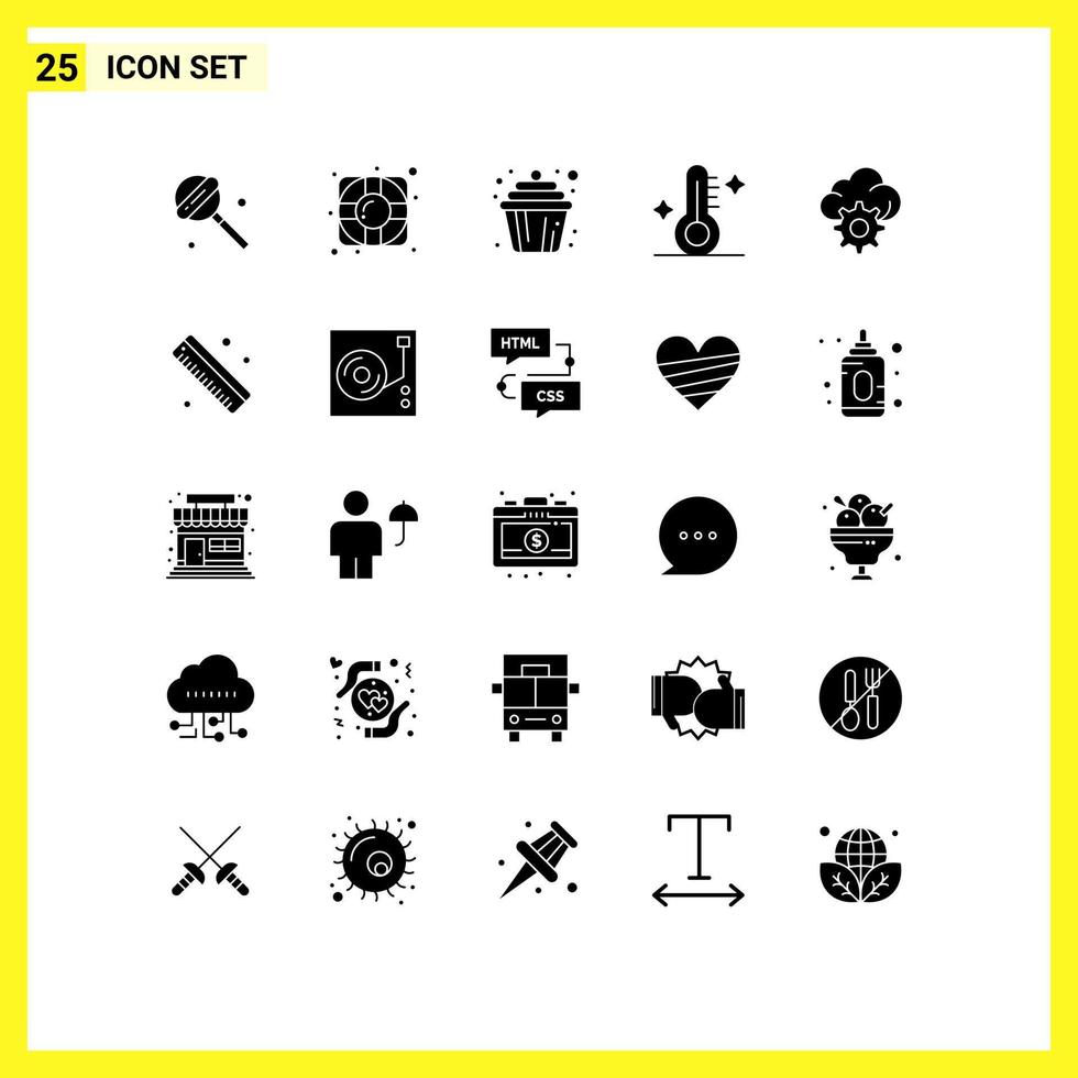 Modern Set of 25 Solid Glyphs Pictograph of measure gear cup cloud thermometer Editable Vector Design Elements