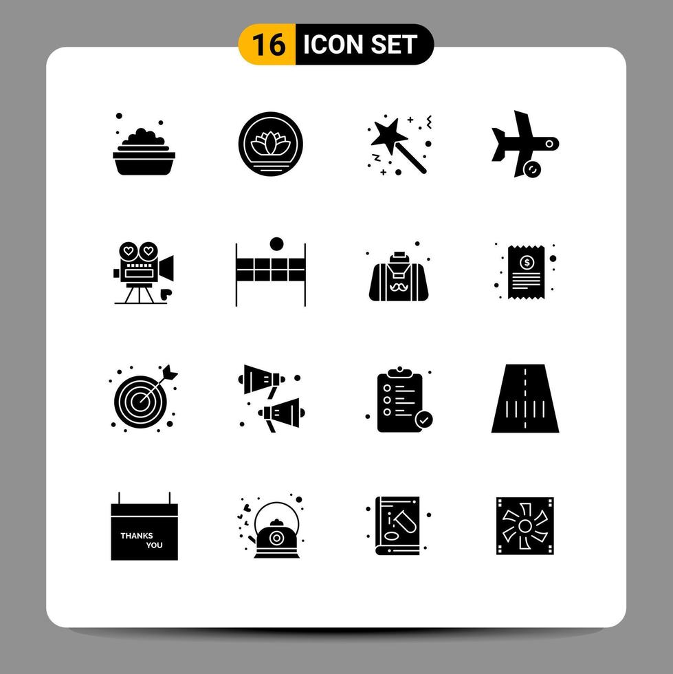 Set of 16 Commercial Solid Glyphs pack for camera transport stick refresh flight Editable Vector Design Elements