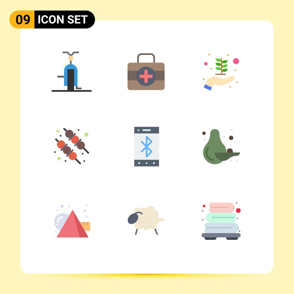 Pack of 9 Modern Flat Colors Signs and Symbols for Web Print Media such as wireless cell business startup bluetooth bbq Editable Vector Design Elements