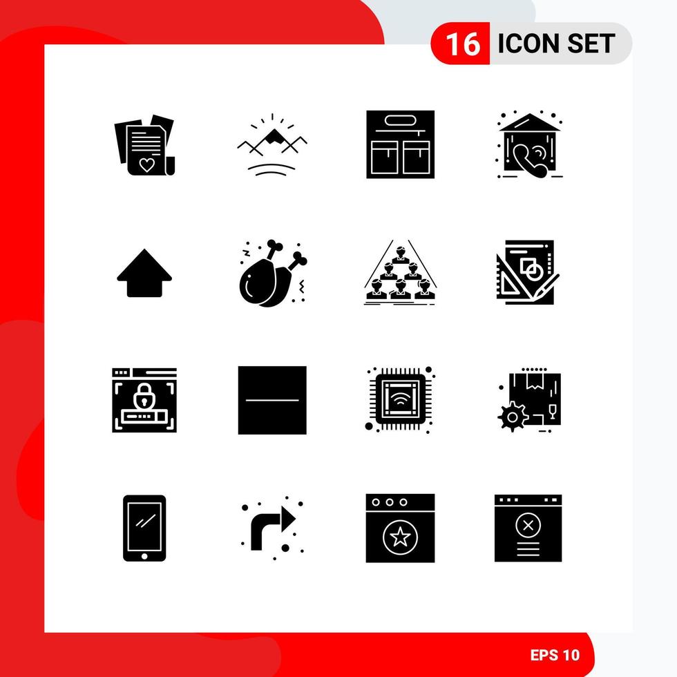 16 User Interface Solid Glyph Pack of modern Signs and Symbols of chicken leg up bag arrow estate Editable Vector Design Elements