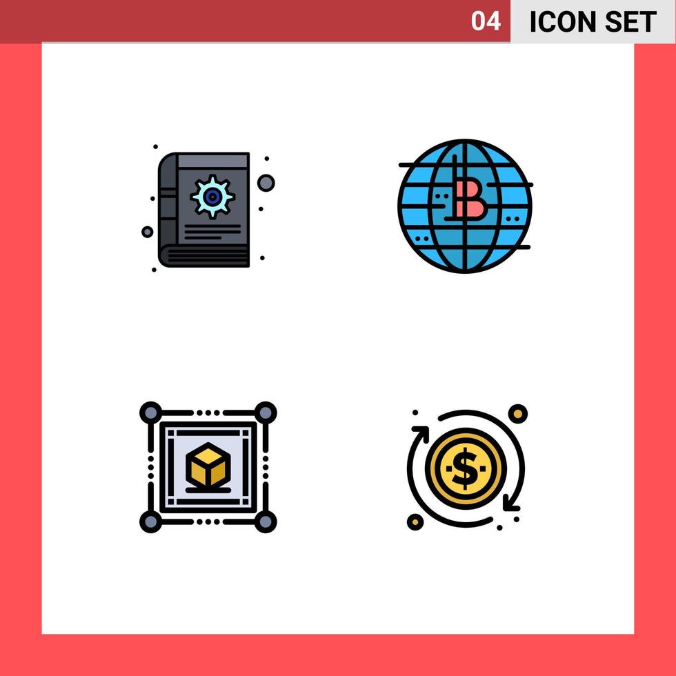 Universal Icon Symbols Group of 4 Modern Filledline Flat Colors of book cube notes currency dollar Editable Vector Design Elements
