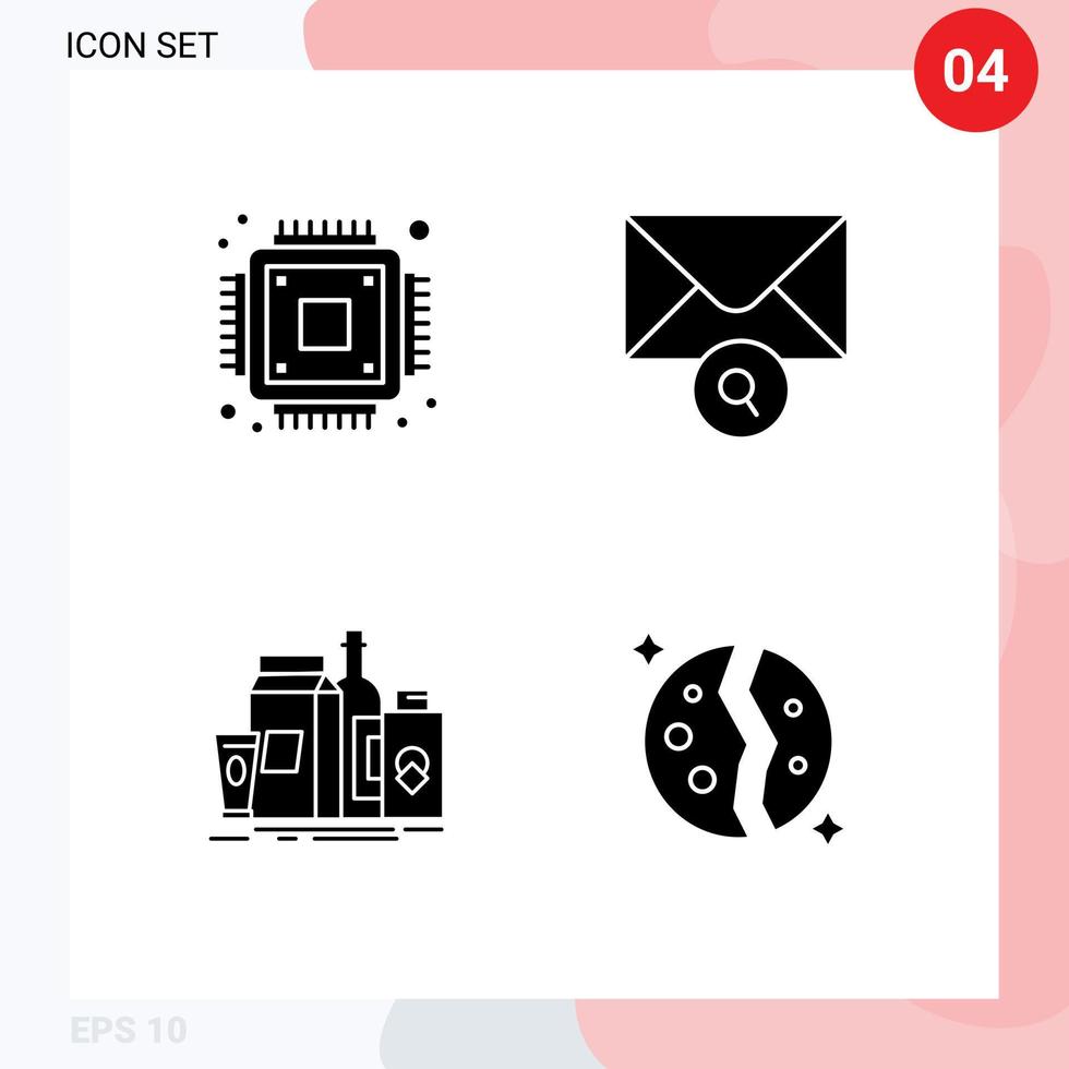 Set of 4 Commercial Solid Glyphs pack for chip product mail packaging astronomy Editable Vector Design Elements