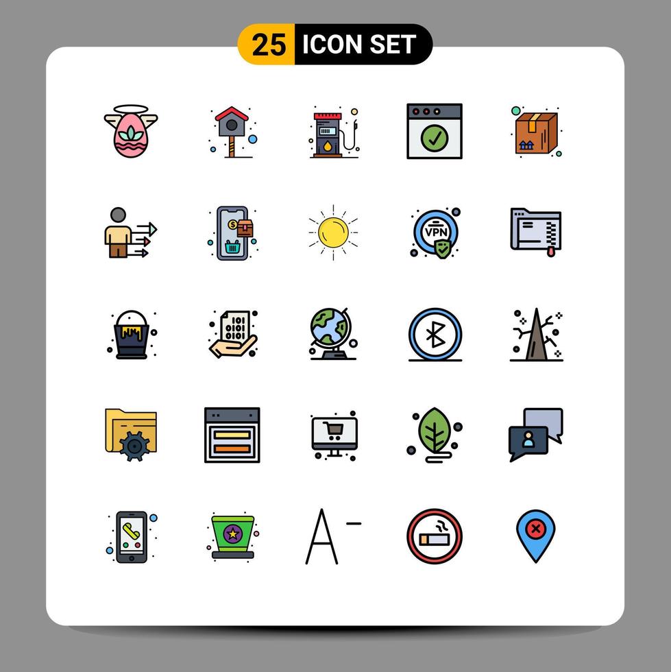 Mobile Interface Filled line Flat Color Set of 25 Pictograms of box package gas pack complete Editable Vector Design Elements