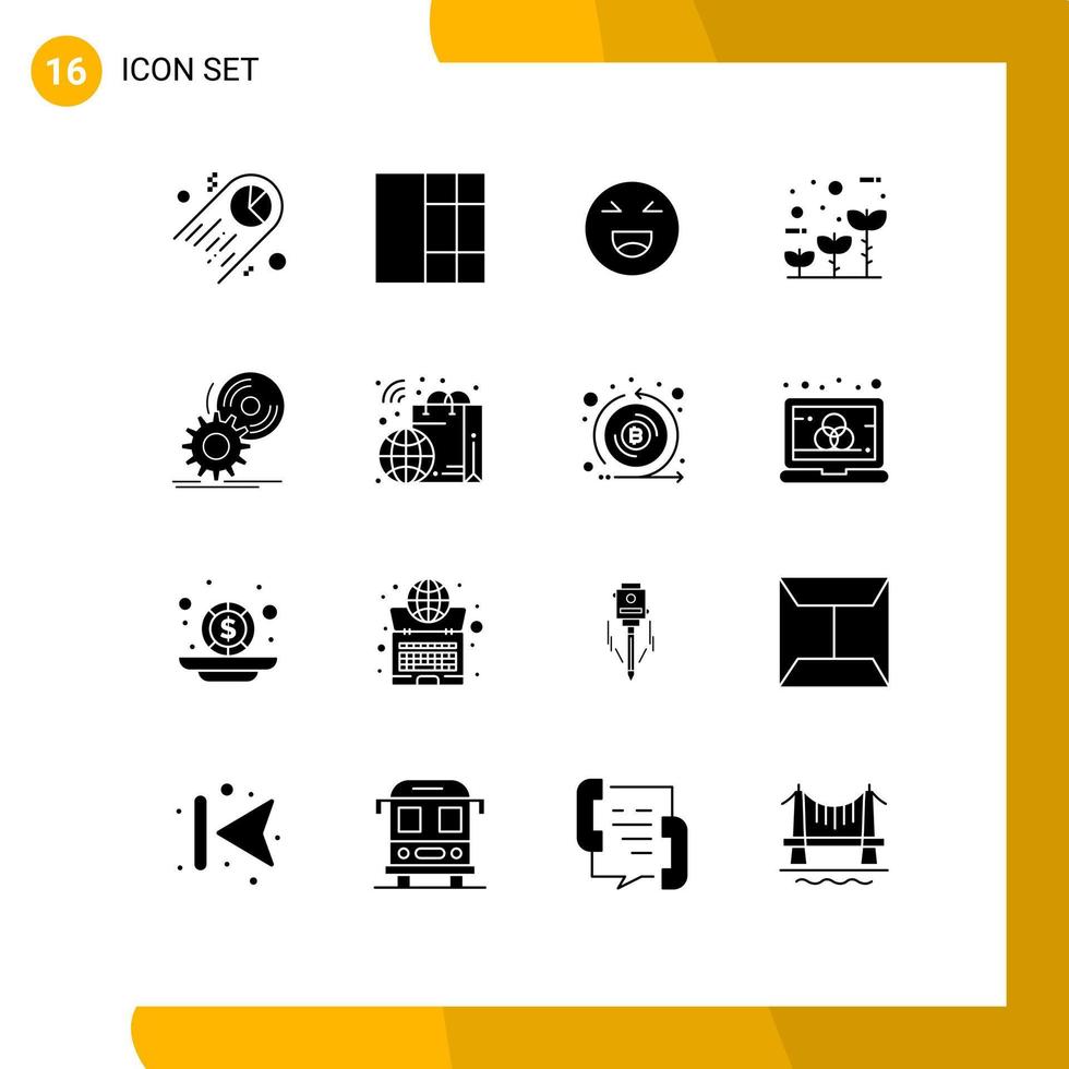 Mobile Interface Solid Glyph Set of 16 Pictograms of software disc smile cd globe Editable Vector Design Elements