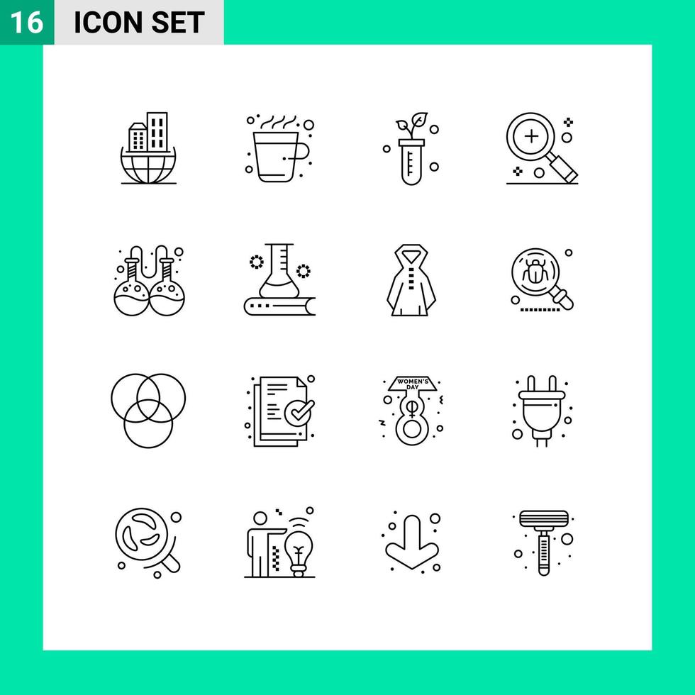 Pack of 16 Modern Outlines Signs and Symbols for Web Print Media such as flask magnifier tube in add Editable Vector Design Elements