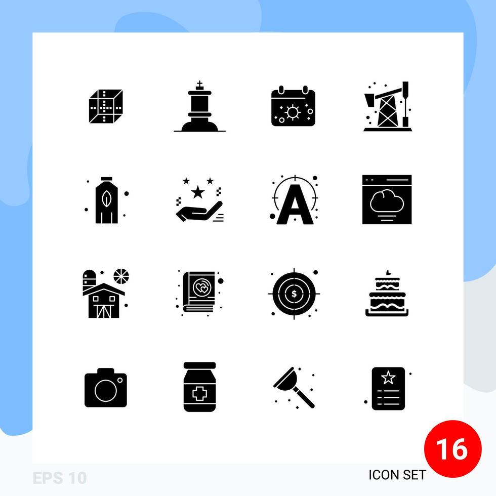 Set of 16 Vector Solid Glyphs on Grid for hand plant calender bottle pump jack Editable Vector Design Elements