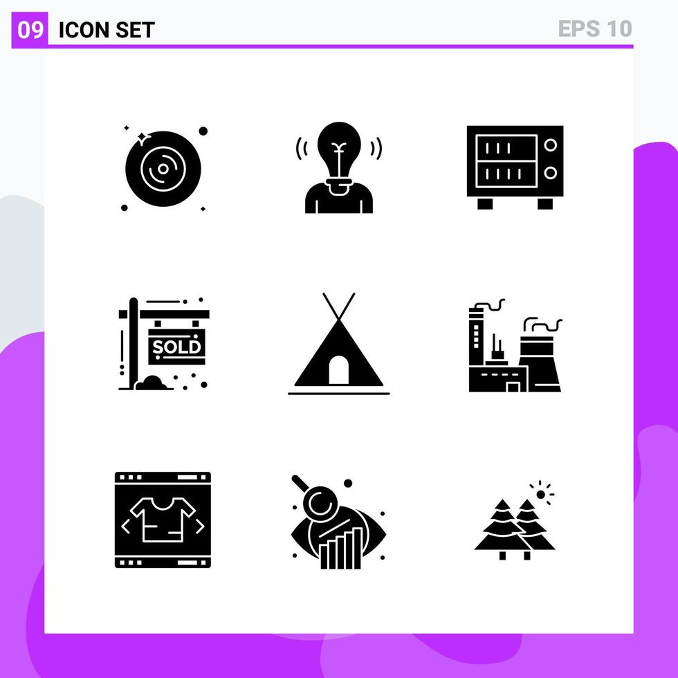 conjunto de 9 iconos en estilo sólido símbolos de glifos creativos para el diseño de sitios web y aplicaciones móviles signo de icono sólido simple aislado sobre fondo blanco 9 iconos fondo de vector de icono negro creativo